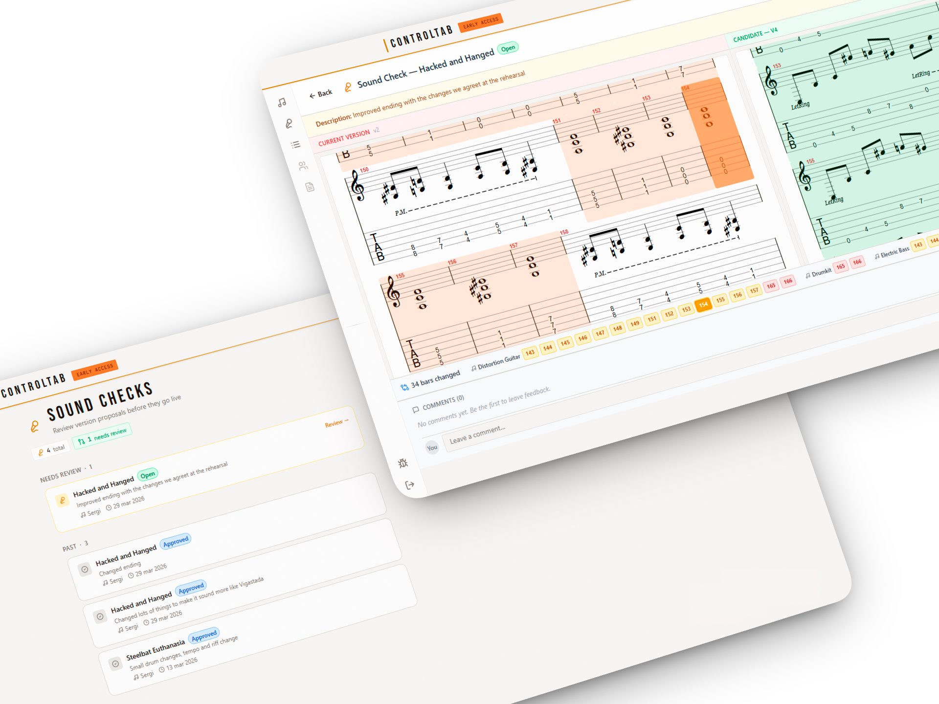 ControlTab Sound Check — bar-by-bar visual diff of a Guitar Pro tab