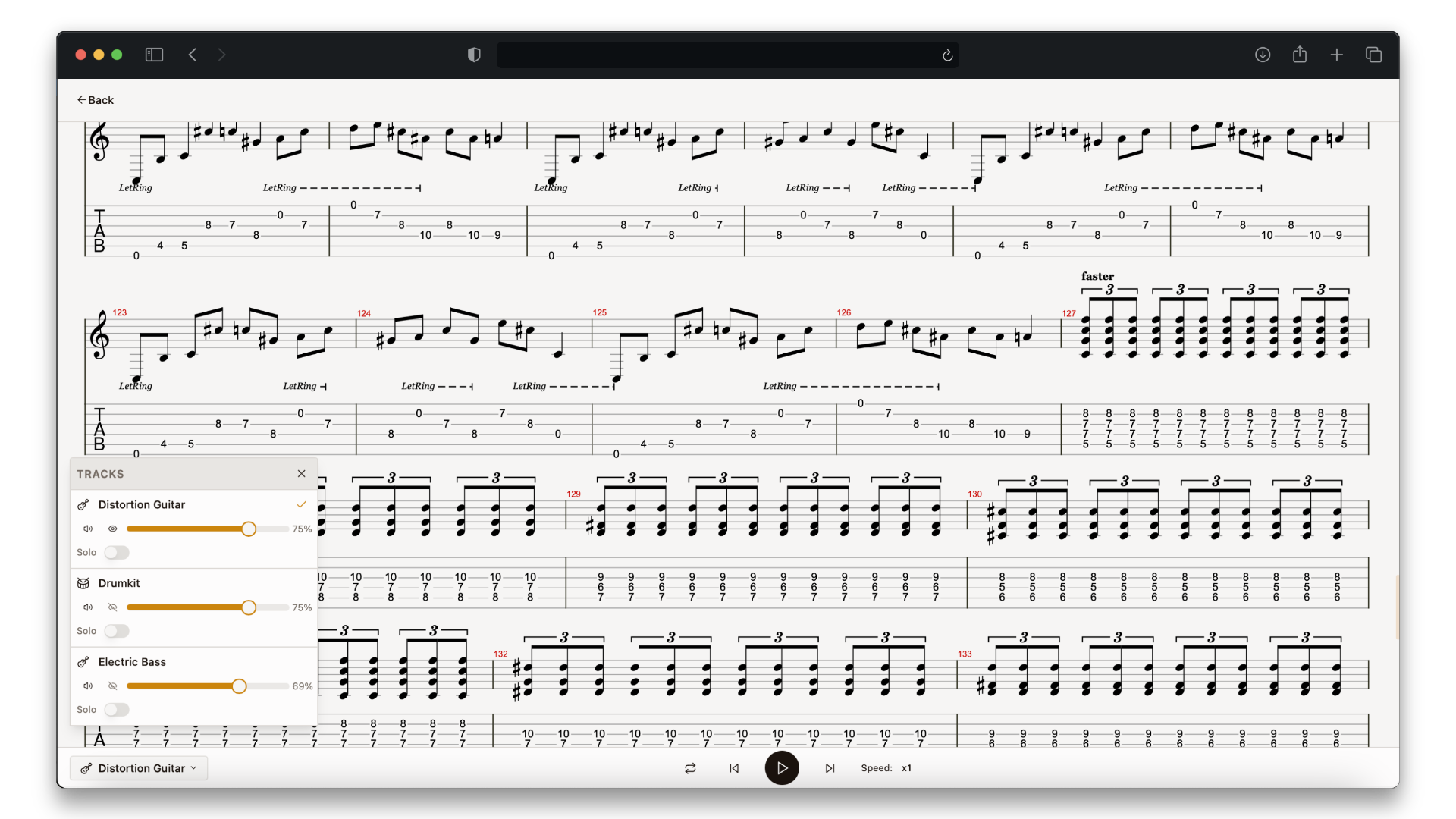 ControlTab tab player showing sheet music and tablature with track controls