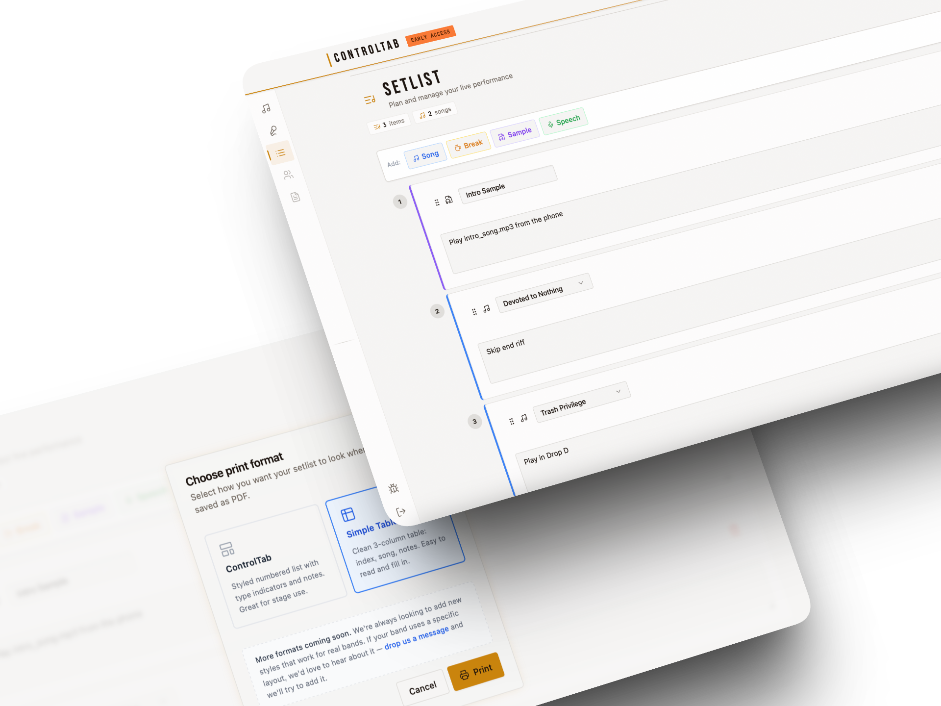 ControlTab Setlist — drag and drop setlist builder with print export